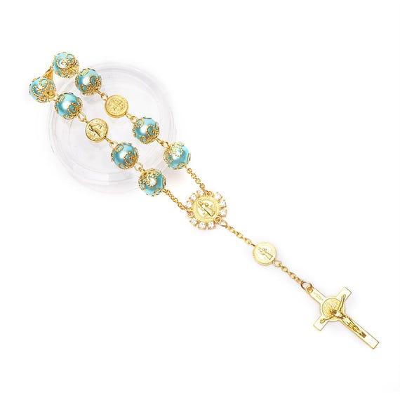 Set of 12 x Rhinestone Faux teal faux Pearl Mini Rosaries, Baptism, Car Mirror Beads, First Communion Recuerditos Bautizo,