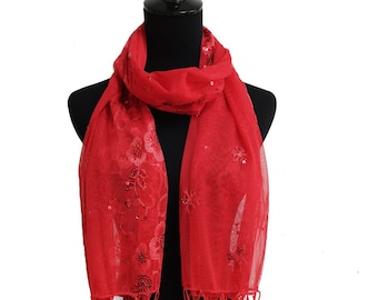 Red Sequin Wedding Scarf Shawl / Mother's Day Gift / Evening Prom Accessories / Sequin Glitter Beaded Shawl Scarf Veil Formal