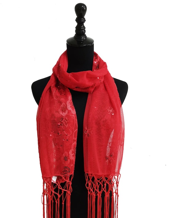 Red Sequin Wedding Scarf Shawl / Mother's Day Gift / Evening Prom Accessories / Sequin Glitter Beaded Shawl Scarf Veil Formal