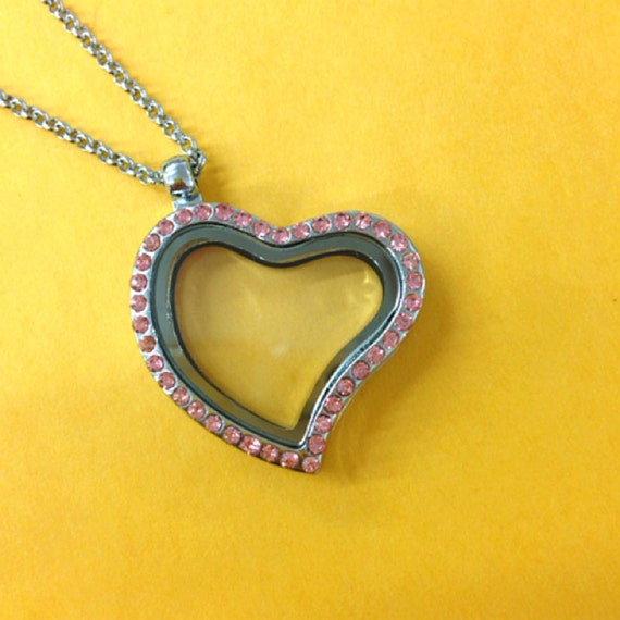 Silver Heart Shape Living Locket Memory Locket w/ Pink Rhinestone Necklace for Floating Charms / Orgami Locket