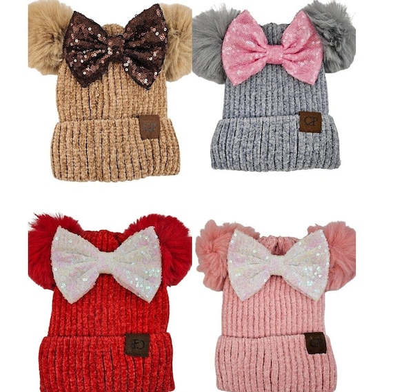 Rose Gold Minnie Mouse Ears Beanie,Winter Hat Double Pom Beanie for women | Double Fur Pom Pom | Pom Classic Beanies