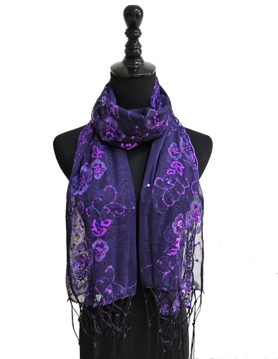 Purple Sequin Wedding Scarf Shawl / Mother's Day Gift / Evening Prom Accessories / Sequin Glitter Beaded Shawl Scarf Veil Formal