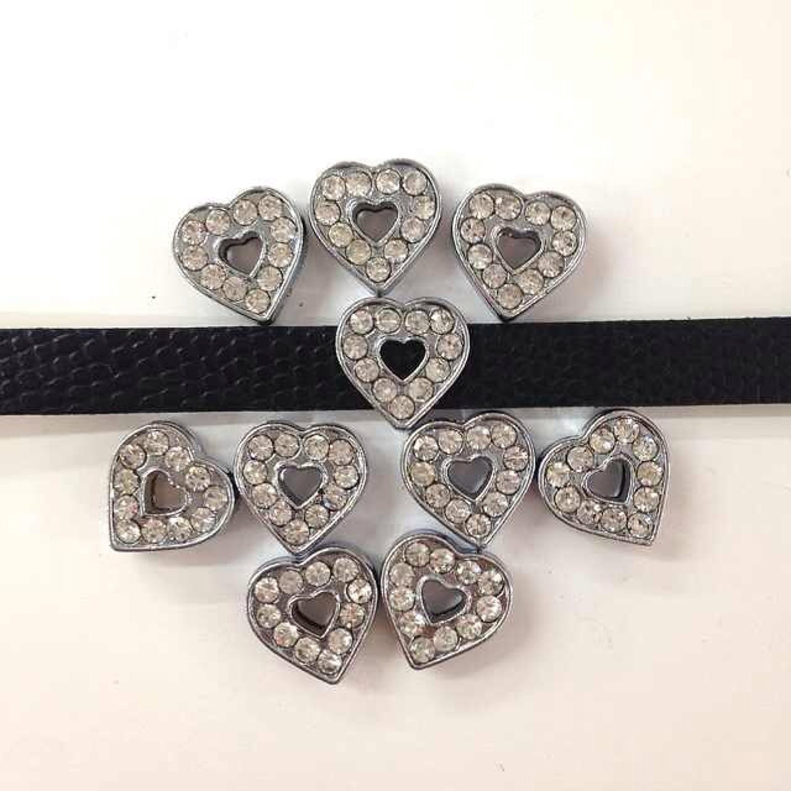 Silver Rhinestone Heart Set of 10pc Silver Rhinestone Heart Slide Charm Fits 8mm Wristband for ...