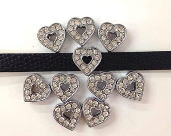 Set of 10pc Silver Rhinestone Heart Slide Charm Fits 8mm Wristband for Jewelry / Crafting