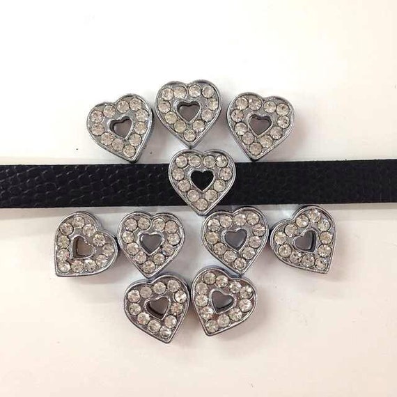 Set of 10pc Silver Rhinestone Heart Slide Charm Fits 8mm Wristband for Jewelry / Crafting
