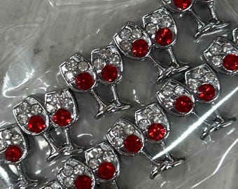 Set of 10pc Silver red  Rhinestone Pair of Wine Glasses Slide Charm Fits 8mm Wristband for Jewelry / Crafting