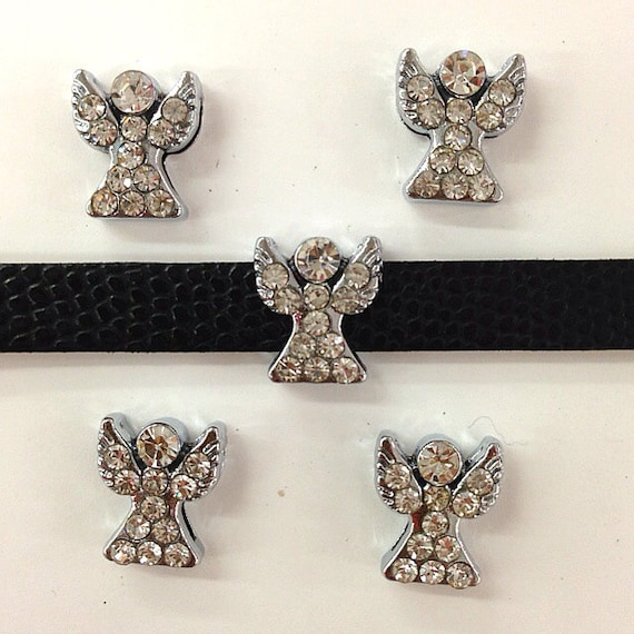 Set of 50pc Silver Rhinestone Angel Slide Charm Fits 8mm Wristband for Jewelry / Crafting