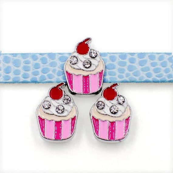Set of 10pc Rhinestone Pink Cherry Cupcake Desert Slide Charm Fits 8mm Wristband for Jewelry / Crafting