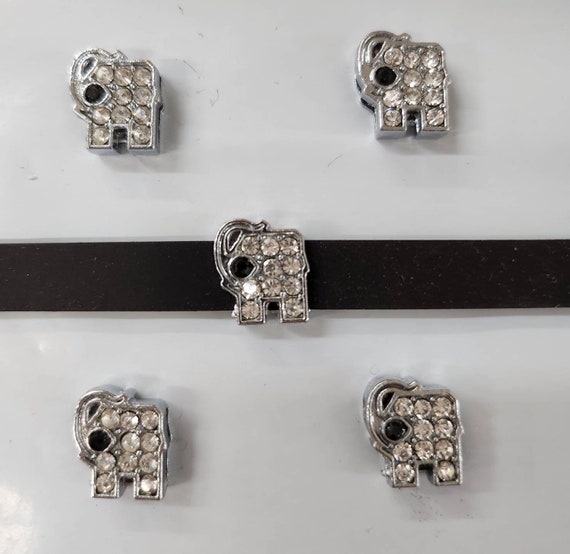 Set of 50pc Silver Rhinestone Elephant Slide Charm - Fits 8mm Wristband for Jewelry / Crafting