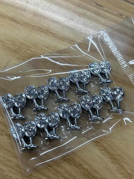 Set of 10pc Silver Rhinestone Pair of Wine Glasses Slide Charm Fits 8mm Wristband for Jewelry / Crafting