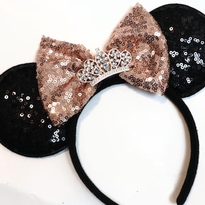 Rose Gold Tiara Sequin Mouse Ears / Sparkle Red Ears / Princess Mouse Headband / Rose Gold Headband / Tiara Mouse Ears / Tiara Headband