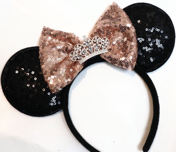 Rose Gold Tiara Sequin Mouse Ears / Sparkle Red Ears / Princess Mouse Headband / Rose Gold Headband / Tiara Mouse Ears / Tiara Headband
