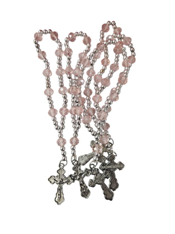 24 PC clear/light pink/ glass wood pocket rosary bracelet/ Christiening Party Favor Recuerdos de Bautizo/first communions