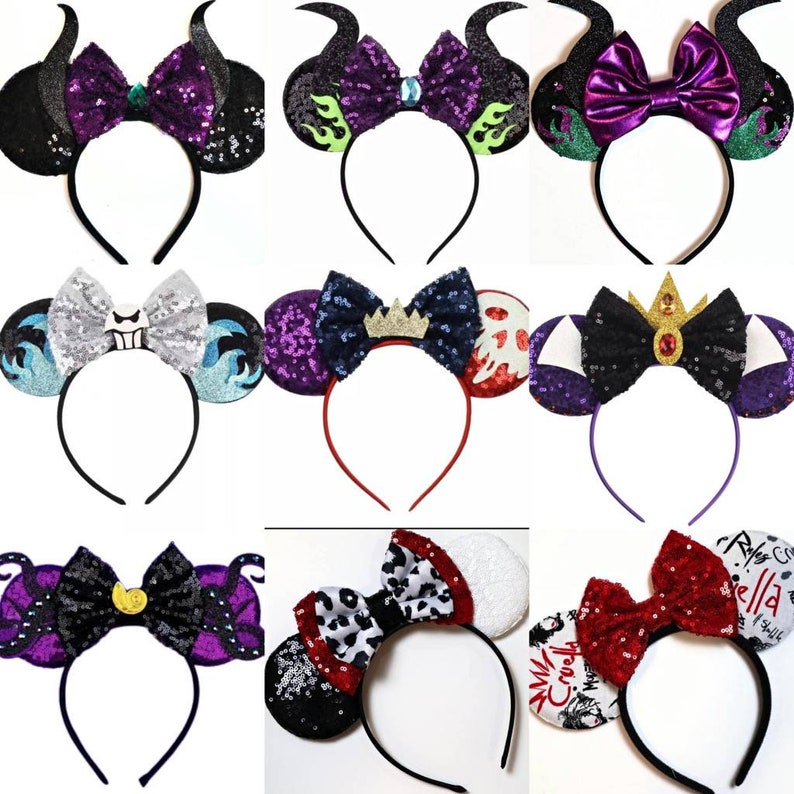 May include: Nine pairs of black headband mouse ears with different colored and patterned fabric bows and ears. The bows are made of sequins, velvet, and satin. The ears are made of felt, sequins, and glitter. The headbands are black.