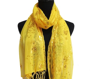 Yellow Sequin Wedding Scarf Shawl / Mother's Day Gift / church veils / Sequin Glitter Beaded Shawl Scarf Wrap Veil Formal