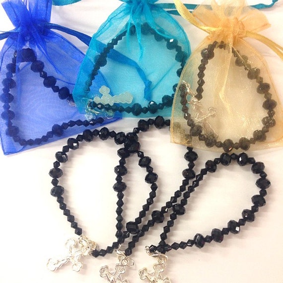 Bulk 12pc High Quality Black Crystal Rosary Bracelet w/ Gift Bag - Perfect for First Communions, Baptism, Wedding Shower, Religious Favor