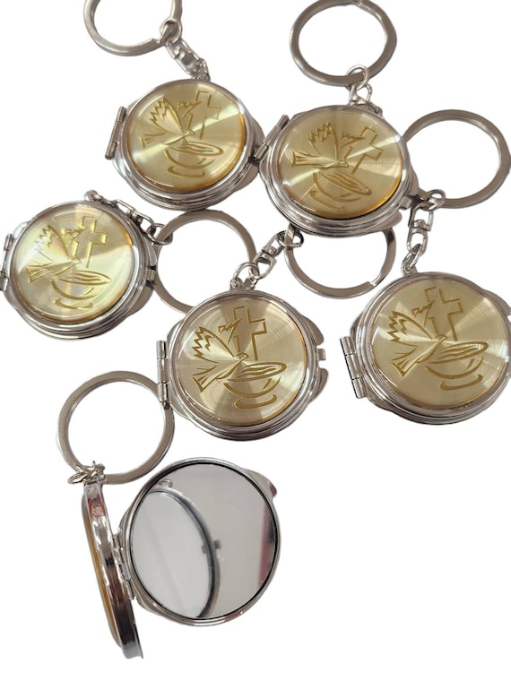 12 PCS Baptism Compact Mirror Keychain Favor -Bautizo Recuerdos/Holy Spirit Makeup Compact/First Communion/