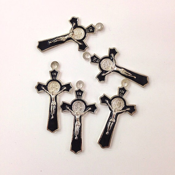 Set of 12pc Black Vintage Cross Religious Charm - 51mm x 27mm Jewelry Rosary Making Supplies