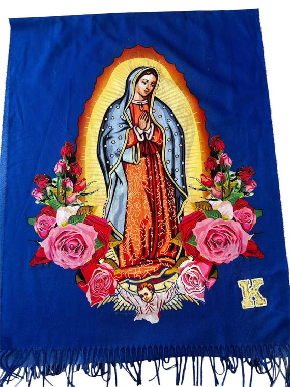 blue red lady of Guadalupe Scarf saint Jude Shawl / Personalized Initial Shawl / festival shawls/church gifts/ Christmas gift /rave shawl