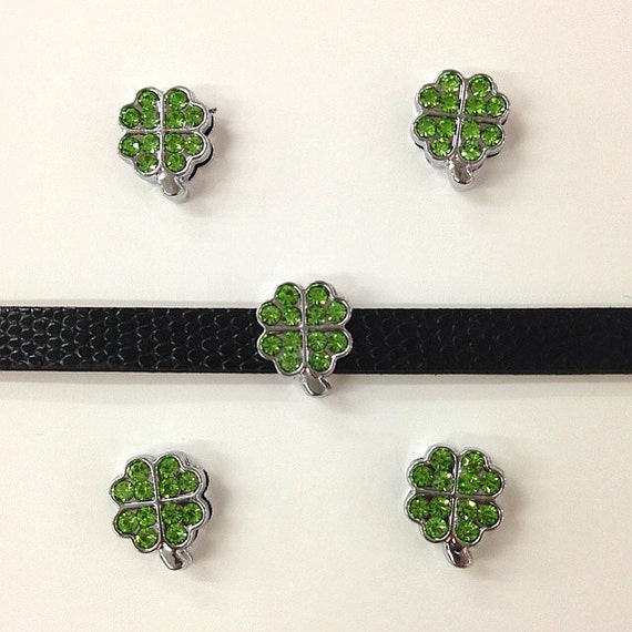 Set of 10pc Rhinestone Irish Green Four Leaf Clover Good Luck Slide Charm Fits 8mm Wristband for Jewelry / Crafting