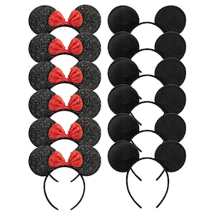 May include: A collection of black mouse ear headbands. Some have red sequined bows, while others are plain. The ears are round and attached to a black headband. The headbands are suitable for themed parties or cosplay.