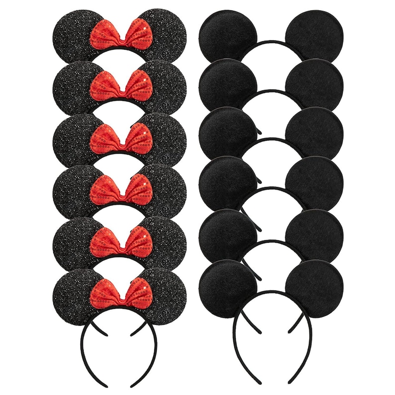 May include: A collection of black mouse ear headbands. Some have red sequined bows, while others are plain. The ears are round and attached to a black headband. The headbands are suitable for themed parties or cosplay.