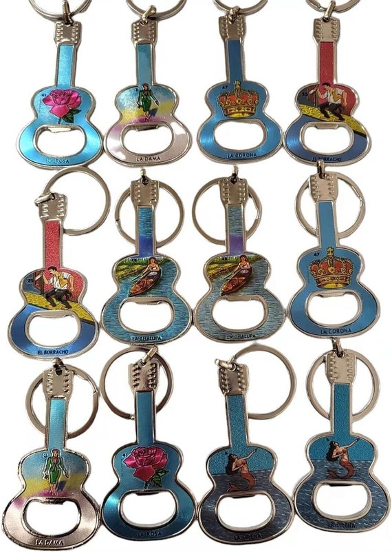 12 x Mexican Loteria Keychains Llaveros de Lotería Mexicana Keychain  / Mexican party favor flag skulls loteria key chains beer bottle
