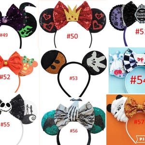 May include: Ten pairs of colorful mouse ears with different designs, including a black and green pair with a skull and crossbones, a red and white pair with a crown, and a black and white pair with a checkered bow. The mouse ears are all on a white background.