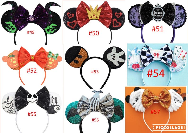 May include: Ten pairs of colorful mouse ears with different designs, including a black and green pair with a skull and crossbones, a red and white pair with a crown, and a black and white pair with a checkered bow. The mouse ears are all on a white background.
