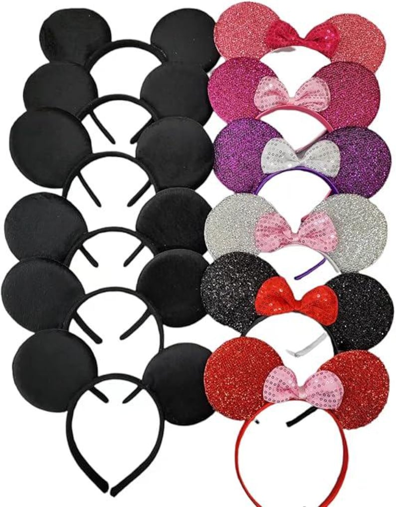 May include: A collection of mouse ear headbands in various colors. Some are solid black, while others feature glitter in pink, purple, silver, black, and red. Each headband has a matching bow.