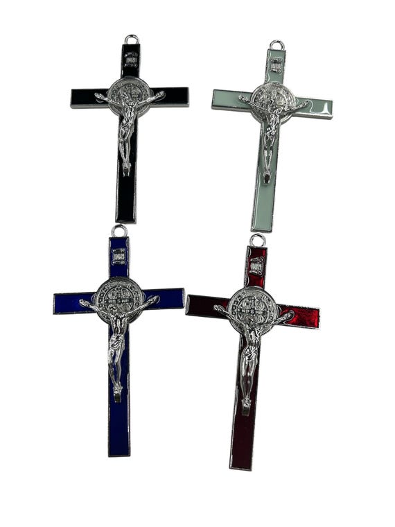 Set of 4 x  approximately 5” red blue Black Vintage saint benedict Cross Religious Charm Saint Benedict Metal Wall Art-