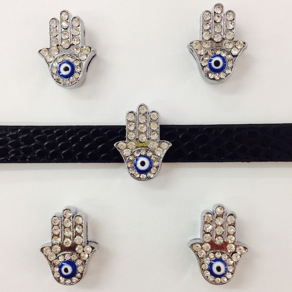 Set of 10 pc rhinestone the hand of fatima hamasa blue evil eye slide charm fits 8mm wristband for jewelry /crafting 12mm x 10mm