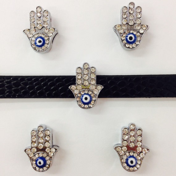 Set of 10 pc rhinestone the hand of fatima hamasa blue evil eye slide charm fits 8mm wristband for jewelry /crafting 12mm x 10mm