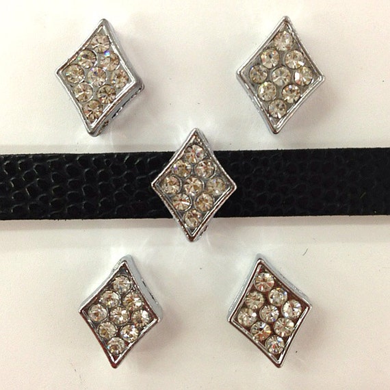 Set of 10pc Silver Rhinestone Diamond Slide Charm -  Fits 8mm Wristband for Jewelry / Crafting