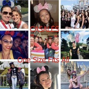 May include: A collage of photos featuring people wearing sparkly Minnie Mouse ears in various colors and styles. The photos show people at Disney World, including a group of friends, a family, and a couple. The text "CASALES" and "One Size Fits All" is visible in the collage.