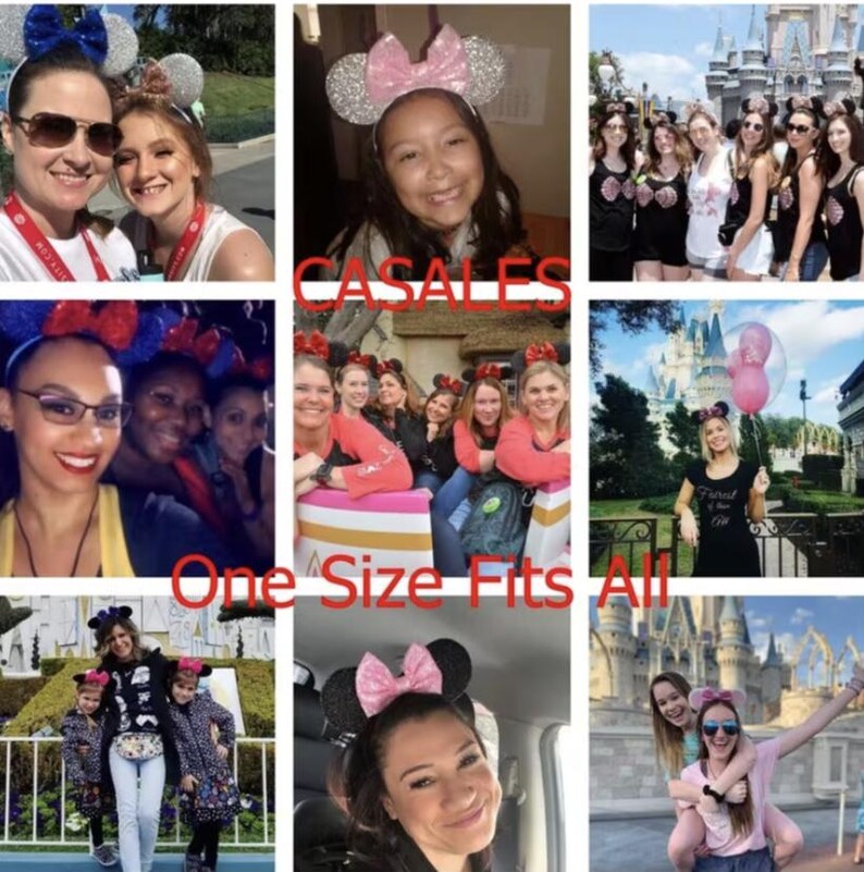 May include: A collage of photos featuring people wearing sparkly Minnie Mouse ears in various colors and styles. The photos show people at Disney World, including a group of friends, a family, and a couple. The text "CASALES" and "One Size Fits All" is visible in the collage.