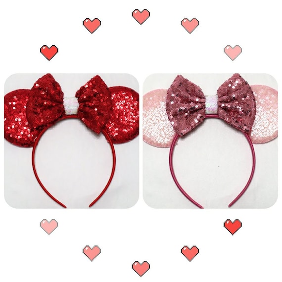 Valentine's Day Minnie Ears, Pink Minnie, Pink Ears, AB White Sequin Bow, Bachelorette Party Mouse Ears / Pink White Ears / Wedding Ears