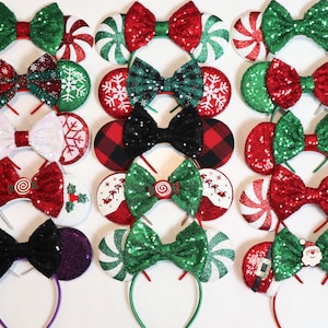 Orejas de Mickey de Navidad, diadema de orejas de caramelo de menta, Orejas de Mickey, Orejas de Minnie de Navidad, Santa MickeyEars, Orejas de Disney, Orejas de lentejuelas rojas,