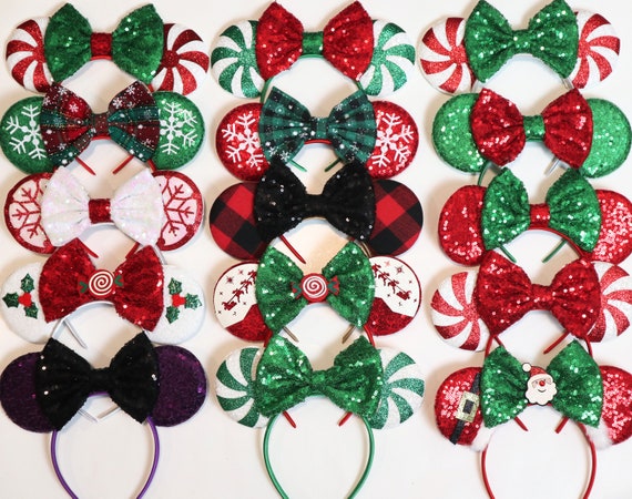 Christmas Mickey Ears,  Peppermint candy  ear headband,  Mickey Ears, Christmas Minnie Ears, santa MickeyEars, Disney Ears, Red Sequin Ears,