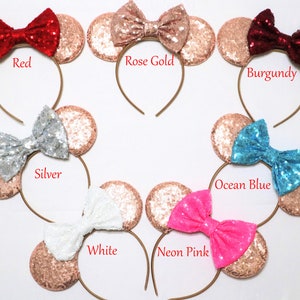 Rose Gold Sequin Mouse Ears, Mouse Colorful Ears, Sparkly Mouse Ears, Red Sequin Bow, Bachelorette Party Mouse Ears, Birthday Party Ears