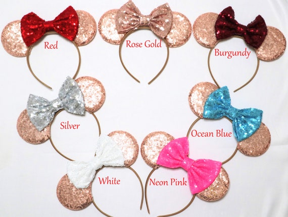 Rose Gold Sequin Mouse Ears, Mouse Colorful Ears, Sparkly Mouse Ears, Red Sequin Bow, Bachelorette Party Mouse Ears, Birthday Party Ears
