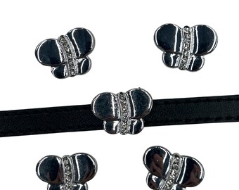 Set of 10pc Silver Rhinestone Butterfly Slide Charm fits 8mm Wristband for Jewelry / Crafting