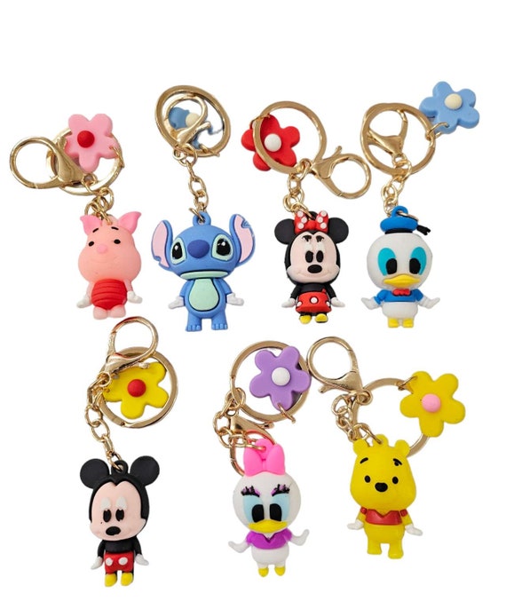 Mickey Minnie Stitch, Pooh, Piglet, Donald, Daisy Duck and free pom pom keychain. birthday Christmas gift idea 1.5 inches