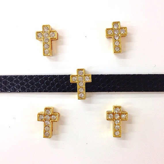 Set of 10 pc gold  rhinestone cross slide charm fits 8mm wristband for jewelry /crafting