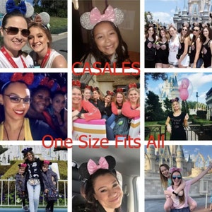 May include: A collage of photos featuring people wearing sparkly Minnie Mouse ears in various colors and styles. The photos are taken at Disney World and feature the iconic Cinderella's Castle and other Disney landmarks. The text "CASALES" and "One Size Fits All" is visible in the collage.