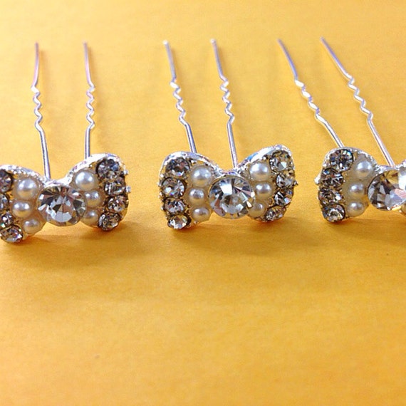 Set of 6 Rhinestone Faux Pearl Bow Hair Pin Use for Wedding Bouquet, Flower Embellishment, Wedding Favor, Bridal Hair Pin 11mm x 19mm