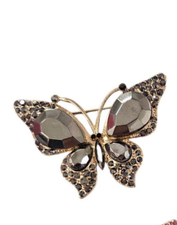 Halloween black grey Crystal Rhinestone butterfly  Brooch - Use for Wedding Bouquet / Bridal Sash / Flower Embellishment / gothic wedding