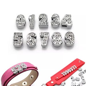 Set of 10pc Rhinestone Number Charm 0-9 Fits 8mm Wristband for Jewelry / Crafting