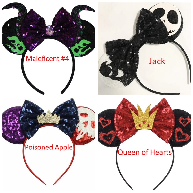 May include: Four pairs of Disney character inspired mouse ears with headbands. The ears are made of fabric and feature various embellishments, including bows, crowns, and character-specific details. The characters represented are Maleficent, Jack Skellington, the Poisoned Apple, and the Queen of Hearts.