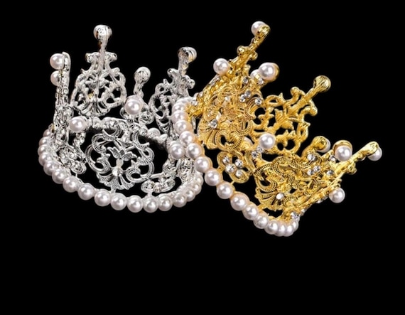 Gold faux pearl silver Rhinestone Crown for Birthday Decoration for Girl Cake Crown Dessert Topper Wedding Decorations Rhinestone 2"x 2.85"